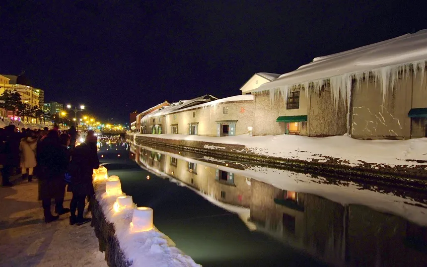 Snow lanterns along the Otaru Canal at night, 2014