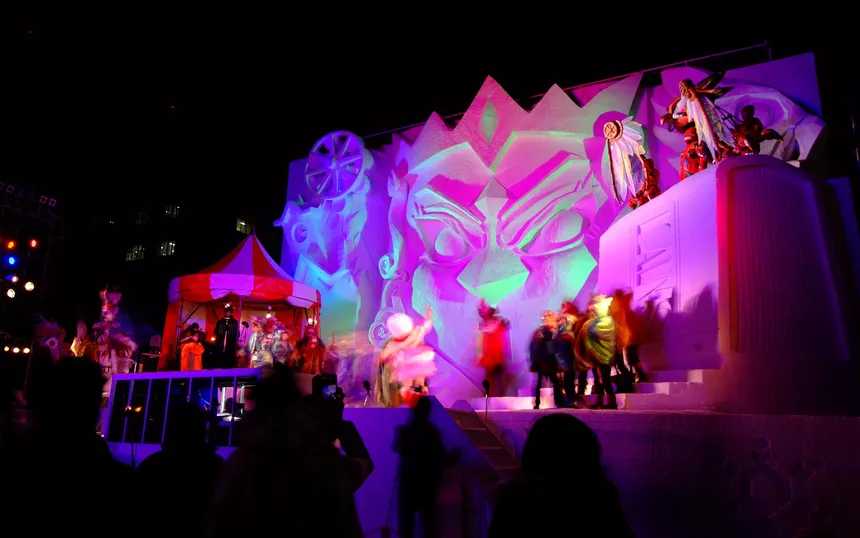 A large snow statue lit for a night show at the Odori site in 2015