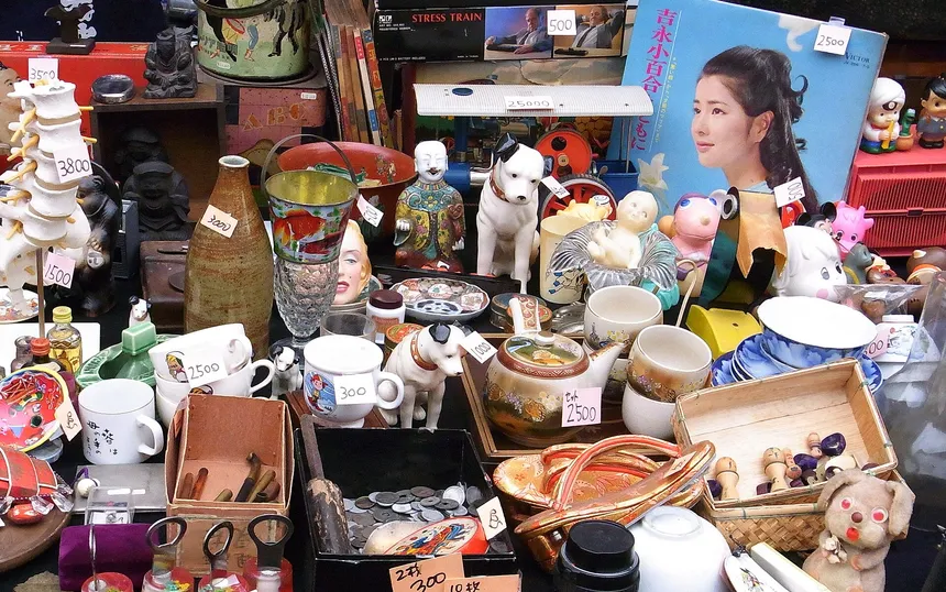 A stall of cups, dolls and bric-a-brac at the Setagaya Boroichi