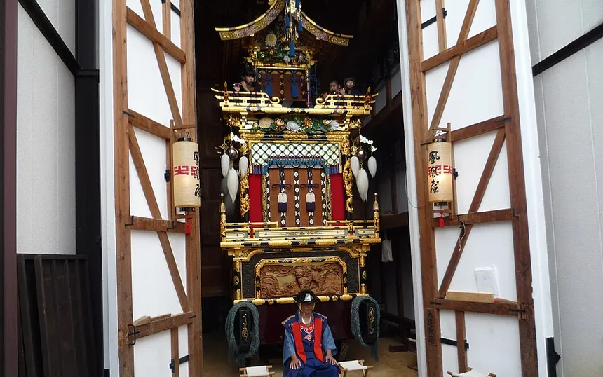 Floats in their shelters at the Takayama Autumn Festival