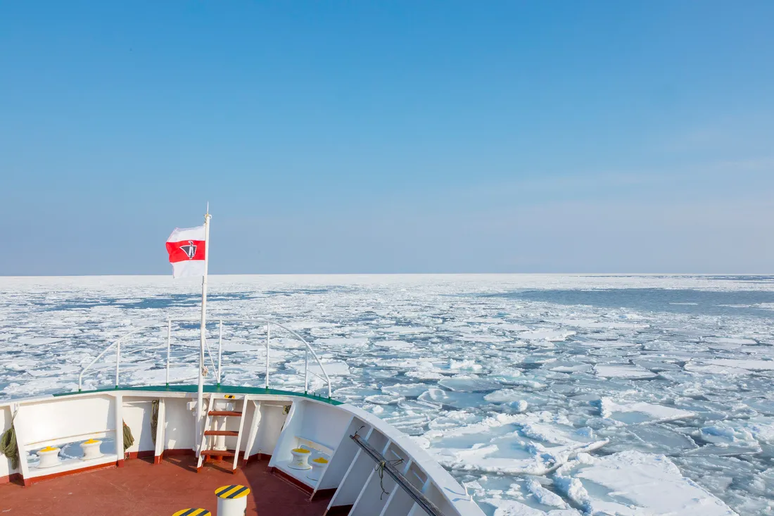 Drift ice seen from the bow of the icebreaker Aurora off Abashiri