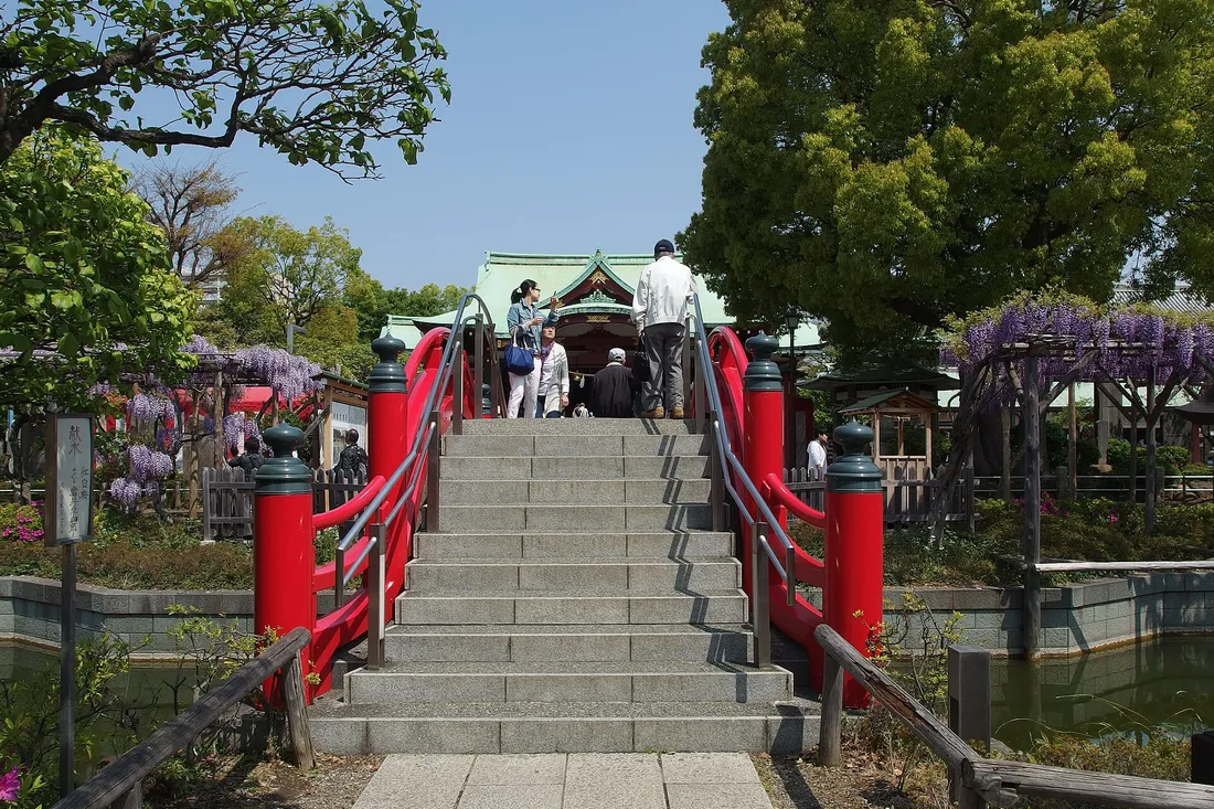 The red arched bridge of Kameido Tenjin with wisteria trellises behind it